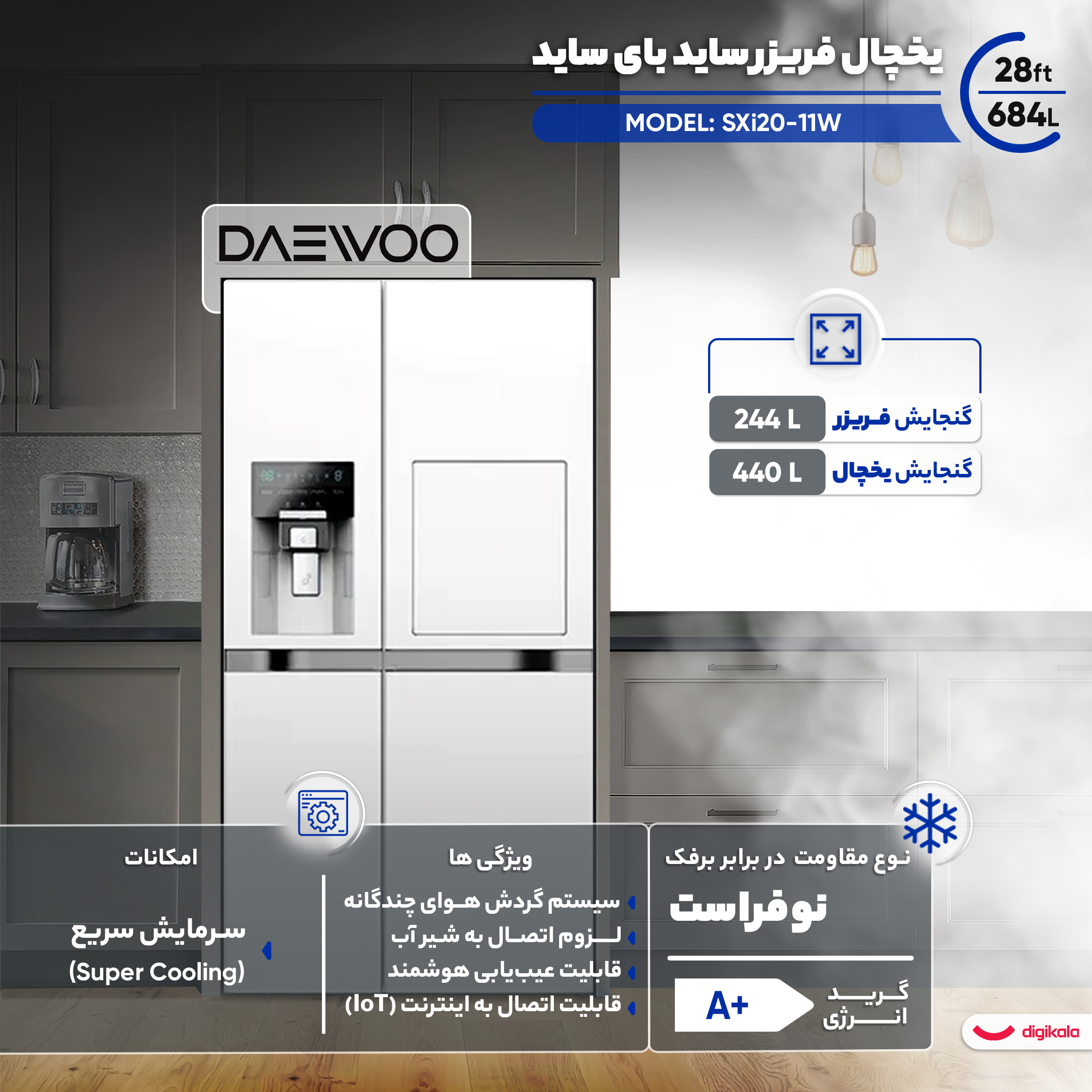 یخچال فریزر دوو ساید بای ساید دو درب مدل SXI20-21W سفید متالیک دوو