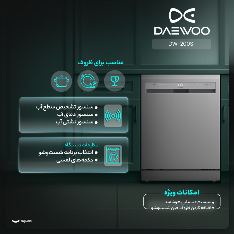 ماشین ظرفشویی دوو 14 نفره مدل DW-200W سفید دوو - تصویر 3