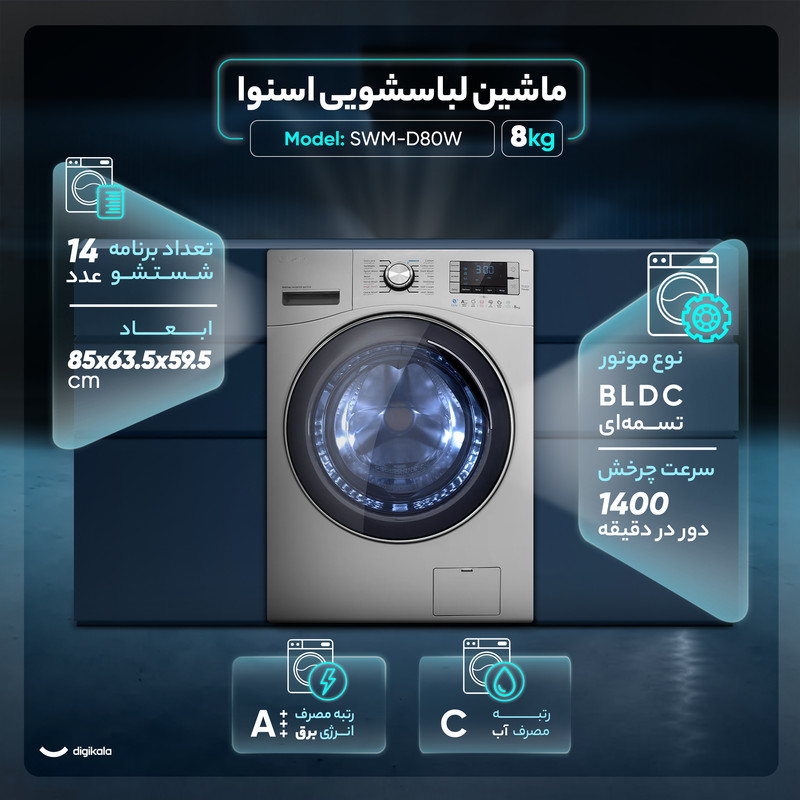 ماشین لباسشویی اسنوا اتومات 9KG مدل SWM-94S51 نقره ای اسنوا - تصویر 4