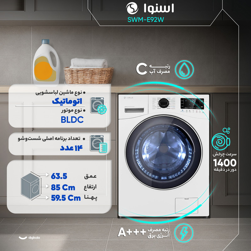 ماشین لباسشویی اسنوا اتومات 9KG مدل SWM-E92W سفید درب مشکی اسنوا - تصویر 5