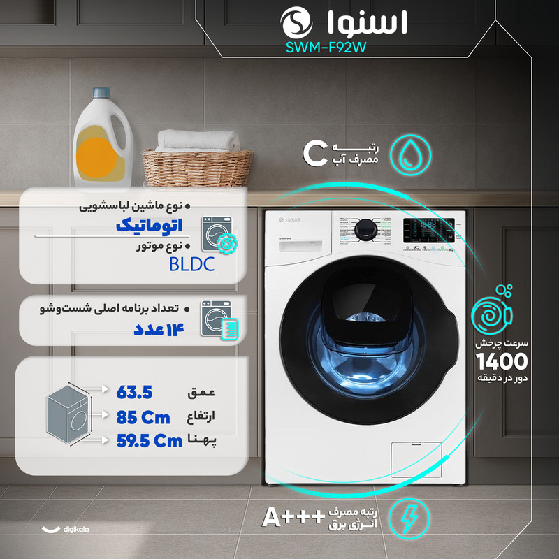 ماشین لباسشویی اسنوا اتومات 9KG مدل SWM-F92W سفید درب مشکی اسنوا - تصویر 4
